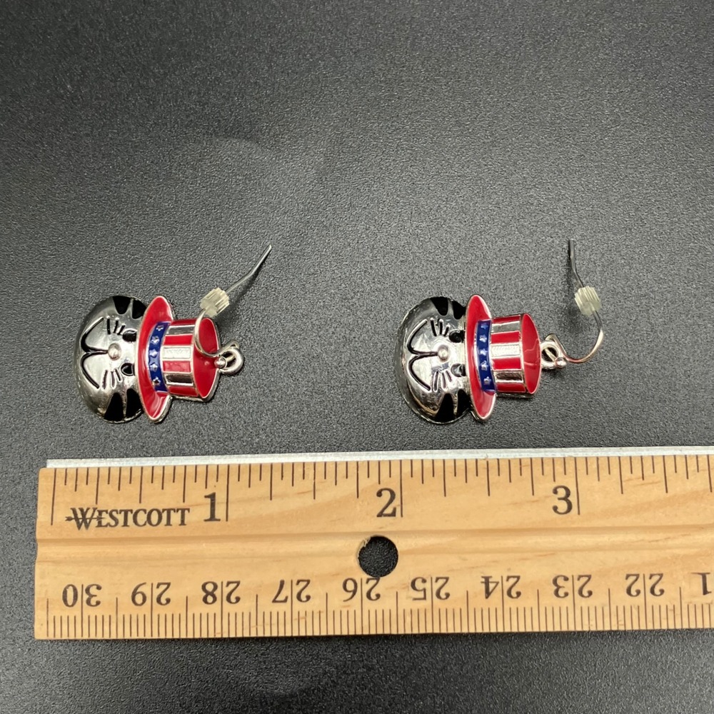 Patriotic Cat Drop Earrings Silver Tone Uncle Sam Hat Red White Blue Americana - Picture 7 of 7